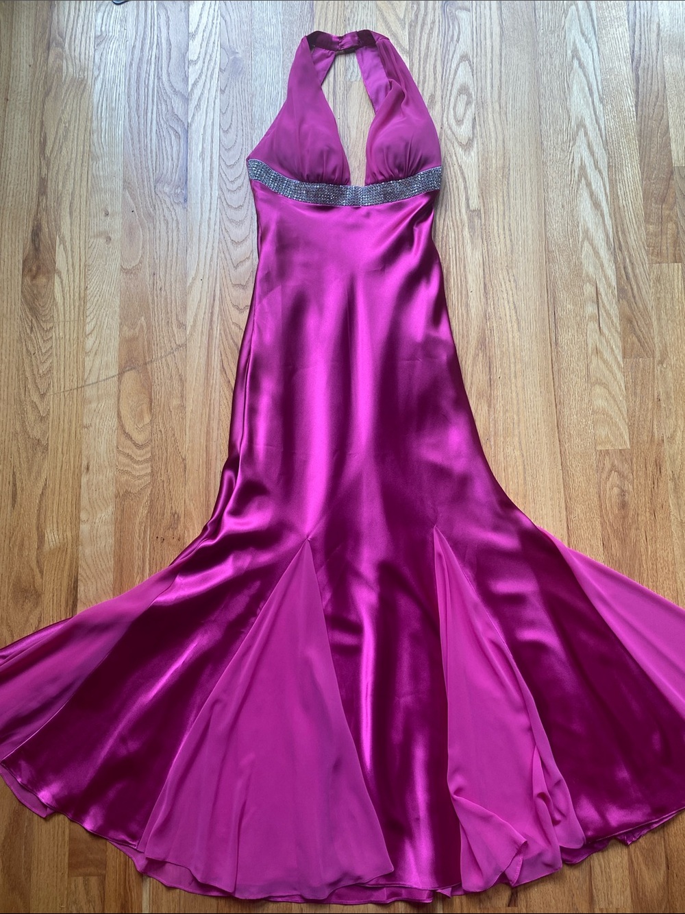 Betsy & Adam Halter Satin Prom Dress in Fuchsia with Rhinestone Band